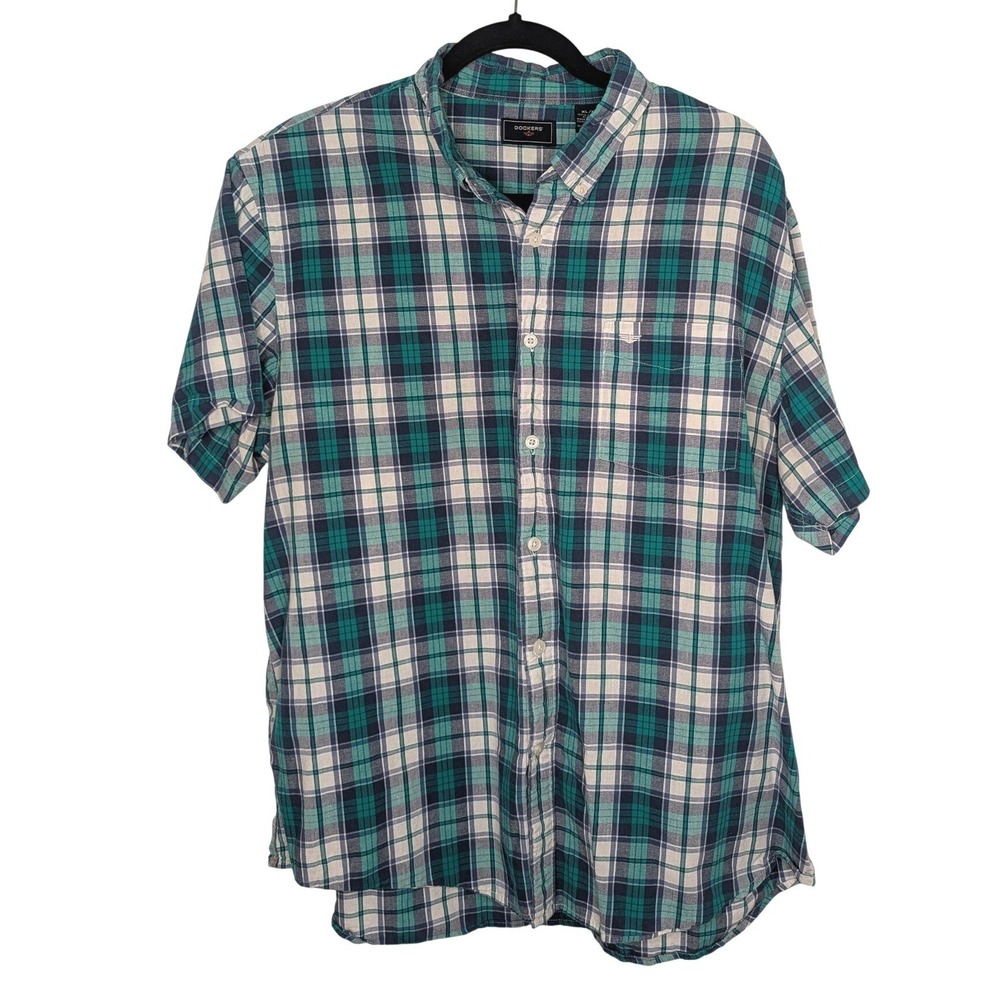 Dockers Mens XL Short Sleeve Button Down Shirt Teal Navy Blue White Plaid Cotton